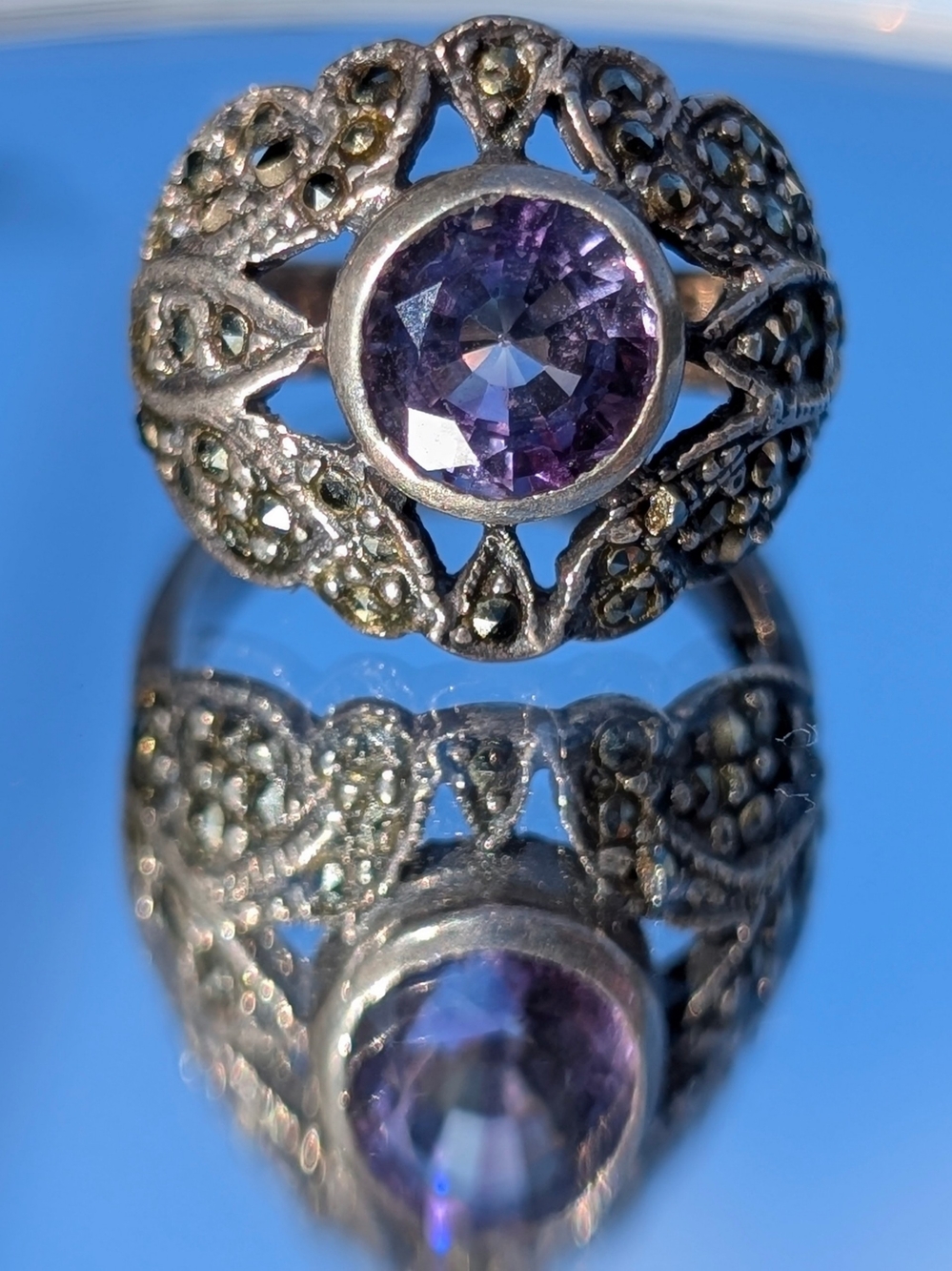 Vintage Sterling Silver Marcasite Ring Purple Amethyst Art Deco Style Size 5